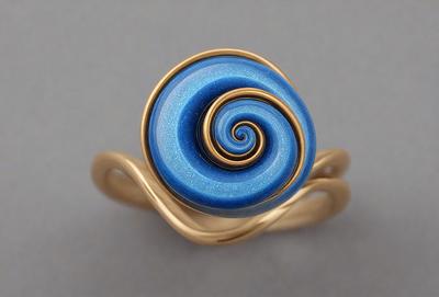 The primary subject of the image is a ring with a blue and gold spiral design. The ring is set on a gray surface, which serves as the background. The visual style of the image is a close-up of the ring, showcasing its intricate details. The colors and mood of the image are predominantly blue and gold, giving it a luxurious and elegant appearance.
