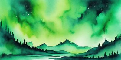 The primary subject of the image is a beautiful landscape featuring a mountain range with a lush green forest. The setting is a serene, natural environment with a body of water nearby. The visual style of the image is a watercolor painting, which adds a sense of depth and vibrancy to the scene. The dominant colors in the painting are green, which is prevalent in the forest and mountain range, and blue, which is present in the water and sky. The overall atmosphere of the painting is one of tranquility and