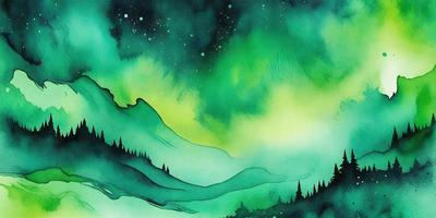 The primary subject of the image is a mountain with a green and blue hue. The setting is a nighttime sky, and the visual style is a watercolor painting. The colors and mood of the image are serene and calming, with the mountain and sky creating a peaceful atmosphere.