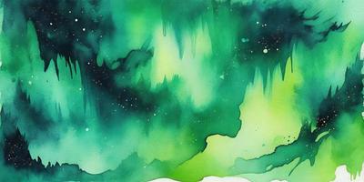 The primary subject of the image is a green, watercolor-style painting of a mountainous landscape. The setting is a lush, green environment with a waterfall and a cave. The visual style is a combination of watercolor and digital art, creating a unique and vibrant atmosphere. The dominant colors are green, with some blue and white accents, giving the painting a serene and natural mood.