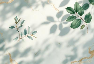 The primary subject of the image is a leafy plant with green leaves. The setting is a wall with a patterned surface, possibly a marble wall. The visual style appears to be a combination of a photo and a drawing, creating a unique and artistic representation of the plant. The colors in the image are predominantly green, which adds to the natural and serene atmosphere of the scene.
