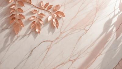 The primary subject of the image is a branch with leaves, which is placed on a marble surface. The setting is a marble wall, and the visual style appears to be a photo. The colors in the image are predominantly white and brown, giving the scene a natural and elegant atmosphere.