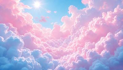 The primary subject of the image is a beautiful, pink and white cloudy sky. The setting is a bright, sunny day with a blue sky in the background. The visual style is a combination of photo and digital art, creating a vibrant and lively atmosphere. The dominant colors are pink and white, with the pink clouds contrasting against the white sky. The overall mood of the image is cheerful, serene, and full of life.