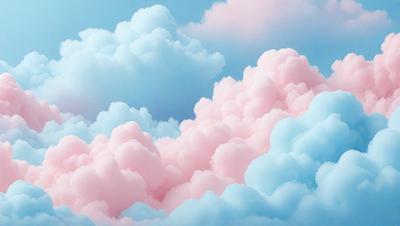 The primary subject of the image is a cloudy sky filled with pink and blue clouds. The setting is a bright, sunny day with a clear blue sky. The visual style is a digital art or illustration, creating a vibrant and colorful atmosphere. The dominant colors are pink and blue, giving the scene a cheerful and lively mood.