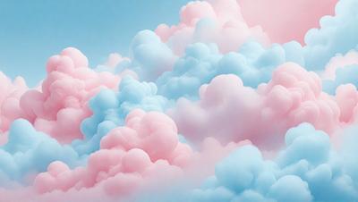 The primary subject of the image is a cloudy sky filled with various shades of pink and blue. The setting is a backdrop of a cloudy sky, and the visual style appears to be a combination of photo and digital art. The colors and mood of the image are predominantly pink and blue, creating a serene and calming atmosphere.