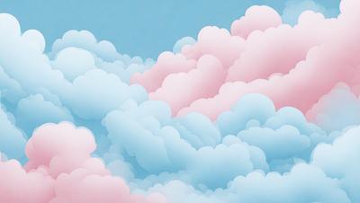 The primary subject of the image is a cloudy sky with a variety of clouds in different shapes and sizes. The setting is a blue background, which adds to the overall atmosphere. The visual style is a combination of photo and digital art, creating a unique and artistic representation of the cloudy sky. The colors and mood are predominantly blue and pink, giving the scene a calm and serene appearance.