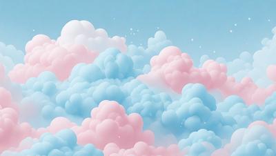 The image features a beautifully illustrated cloudy sky with a mix of pink, blue, and white colors. The clouds are depicted in various shapes and sizes, creating a lively and vibrant atmosphere. The scene is set against a backdrop of a blue sky, which further enhances the visual appeal of the image. The overall style of the image is a combination of digital art and illustration, creating a unique and captivating visual experience.