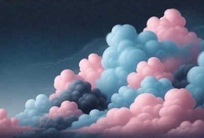 The primary subject of the image is a cloudy sky with a mix of pink, blue, and black colors. The setting is a nighttime scene with a dark background. The visual style is a combination of digital art and illustration, creating a surreal and dreamy atmosphere. The dominant colors are pink, blue, and black, with the pink clouds contrasting against the dark sky.