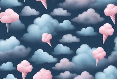The primary subject of the image is a cloudy sky filled with various types of clouds. The setting is a blue background, which adds to the overall atmosphere. The visual style is a combination of photo and digital art, creating a unique and artistic representation of the cloudy sky. The colors and mood are predominantly blue and pink, giving the scene a calm and serene appearance.