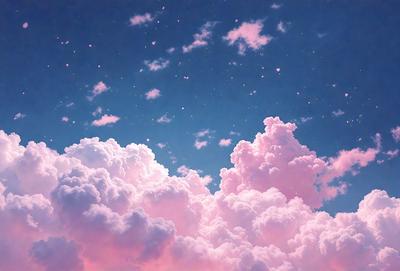 The primary subject of the image is a cloudy sky filled with pink clouds. The setting is a nighttime scene with a starry background. The visual style is a digital art or illustration, creating a surreal and dreamy atmosphere. The dominant colors are pink and purple, giving the scene a soft and serene mood.