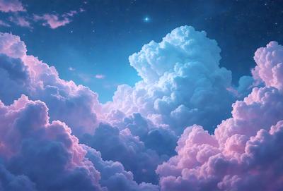 The primary subject of the image is a cloudy sky filled with various cloud formations. The setting is a nighttime scene, with the sky being the main focus of the image. The visual style is a digital art or illustration, as the clouds are depicted in a detailed and artistic manner. The colors and mood of the image are predominantly pink and purple, creating a serene and dreamy atmosphere.