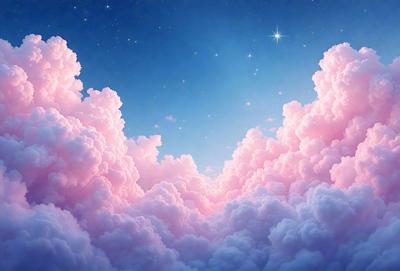 The primary subject of the image is a beautiful, pink cloud floating in a blue sky. The cloud is surrounded by other clouds, creating a serene and peaceful atmosphere. The setting is a night sky, with the cloudy sky and the stars visible in the background. The visual style of the image is a digital art or illustration, showcasing the artist's creativity and skill in capturing the cloudy scene. The colors and mood of the image are predominantly pink and blue, evoking a sense