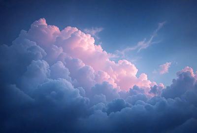 The primary subject of the image is a cloudy sky filled with pink and white clouds. The setting is a blue sky, and the visual style appears to be a photo. The clouds are the dominant colors and create a serene and peaceful atmosphere.