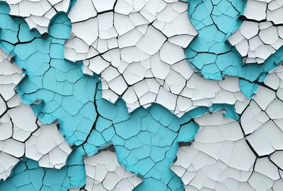 The primary subject of the image is a blue wall with white chips and cracks. The setting is a room with a blue wall, and the visual style is a photo. The dominant colors are blue and white, creating a calm and soothing atmosphere.