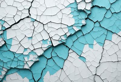 The primary subject of the image is a wall with a blue background. The wall appears to be cracked and has a white and blue color scheme. The visual style of the image is a photo, and the colors and mood convey a sense of decay and aging.