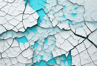 The primary subject of the image is a wall with chipped paint and peeling paint, creating a blue and white color scheme. The setting is an outdoor environment, with the wall being the main object of focus. The visual style is a photo, capturing the details of the chipped paint and peeling paint on the wall. The colors and mood of the image are predominantly blue and white, giving it a calm and serene atmosphere.