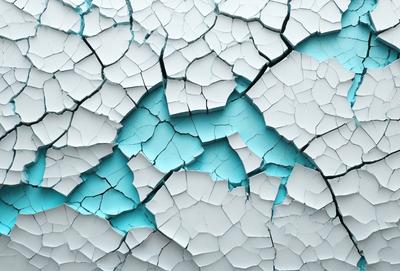 The primary subject of the image is a cracked, white, and blue wall. The setting is a room with a blue background. The visual style is a photo, and the colors and mood are predominantly white and blue, with a slightly creepy or eerie atmosphere.