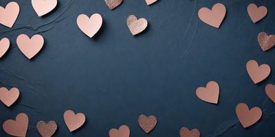 The primary subject of the image is a collection of hearts, which are scattered across a blue background. The hearts are made of metal and come in various sizes. The setting is a wall, and the visual style is a combination of photo and digital art. The dominant colors are blue and pink, creating a warm and inviting atmosphere.