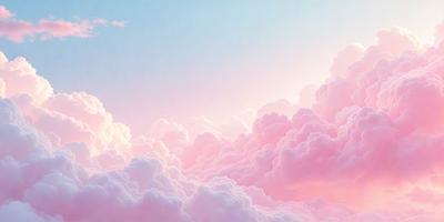 The primary subject of the image is a cloudy sky with pink and white clouds. The setting is a beautiful, colorful, and cloudy environment. The visual style is a combination of photo and digital art, creating a unique and artistic representation of the sky. The colors and mood of the image are predominantly pink and white, giving it a soft and serene atmosphere.