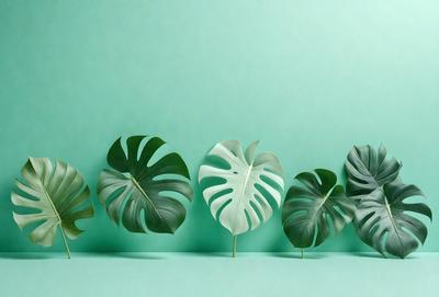 The image features a row of five large green leaves, each with a slightly different shape, arranged in a straight line on a green background. The leaves are positioned close to each other, creating a visually appealing and harmonious display. The overall atmosphere of the image is serene and natural, with the green leaves serving as the primary subject.