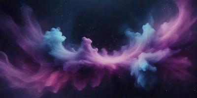 The primary subject of the image is a purple and blue smoke-like substance, which appears to be a digital art or illustration. The setting is a dark, starry background, creating a dramatic and atmospheric scene. The visual style is unique and captivating, with the smoke-like substance resembling a flowing river or a swirling vortex. The colors and mood of the image are predominantly purple and blue, giving it a serene and dreamy quality.