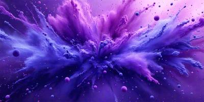 The primary subject of the image is a purple and pink explosion, which appears to be a digital art or illustration. The setting is a purple background, and the visual style is a combination of digital art and illustration. The colors and mood of the image are predominantly purple and pink, creating a vibrant and lively atmosphere.