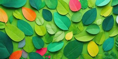 The primary subject of the image is a collection of green and yellow leaves, which are arranged in various shapes and sizes. The leaves are displayed on a green background, creating a vibrant and lively atmosphere. The visual style of the image is a combination of digital art and illustration, with the leaves appearing to be cut out and pasted onto the background. The dominant colors in the image are green and yellow, which contribute to the overall mood of freshness and vitality.