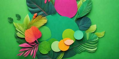 The primary subject of the image is a green and pink circle, which is surrounded by various green and pink leaves. The setting is a green background, and the visual style appears to be a combination of digital art and illustration. The colors and mood of the image are vibrant and lively, with the green and pink circle and leaves creating a sense of freshness and natural beauty.
