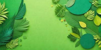 The primary subject of the image is a green background with a variety of green leaves and a few yellow leaves scattered across it. The setting appears to be a lush, green environment. The visual style of the image is a combination of a photo and digital art, creating a vibrant and natural atmosphere. The colors and mood of the image are predominantly green, with a touch of yellow, giving it a fresh and lively feel.