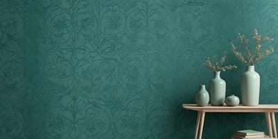 The primary subject of the image is a vase with flowers, placed on a table. The setting is a wall with a blue background, featuring a patterned wallpaper with a floral design. The visual style is a combination of a photo and a digital art, creating a unique and artistic representation of the scene. The colors and mood of the image are predominantly blue, with the floral pattern adding a touch of warmth and natural beauty to the overall atmosphere.