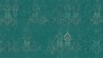 The primary subject of the image is a blue and green patterned wallpaper. The setting is a room with a blue wall, and the visual style is a patterned wallpaper. The colors and mood of the image are predominantly blue and green, creating a calm and soothing atmosphere.