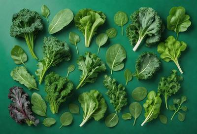The image features a green surface with a variety of green vegetables, including broccoli and kale, arranged in a visually appealing manner. The primary subject is the assortment of green vegetables, which are the main focus of the image. The setting is a green background, which provides a natural and fresh atmosphere. The visual style is a close-up of the vegetables, showcasing their details and textures. The colors and mood are predominantly green, creating a sense of freshness and vitality