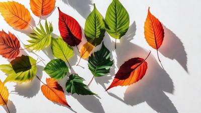 The primary subject of the image is a collection of colorful leaves, including red, yellow, green, and orange, arranged on a white surface. The leaves are spread out, creating a visually appealing display. The setting appears to be a studio or a controlled environment, as the leaves are neatly arranged and the background is white. The visual style of the image is a combination of photo and digital art, as the leaves are realistic yet have a touch of digital manipulation to enhance their colors and create a vibrant,