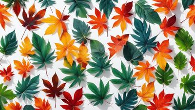 The primary subject of the image is a collection of autumn leaves, which are displayed in various shades of orange, yellow, and green. The leaves are arranged in a visually appealing manner, creating a sense of depth and dimension. The setting is a white wall, which serves as a clean and neutral backdrop for the vibrant colors of the leaves. The visual style of the image is a combination of photo and digital art, as it captures the natural beauty of the autumn leaves while also showcasing the artist'
