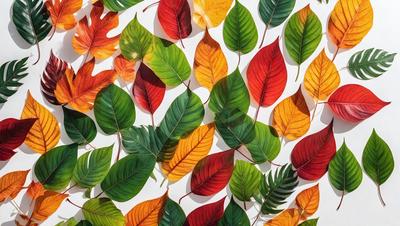 The primary subject of the image is a large collection of colorful leaves, which are arranged in a visually appealing pattern. The leaves are displayed on a white background, creating a striking contrast. The visual style of the image is a combination of photo and digital art, as it captures the vibrant colors and intricate patterns of the leaves. The dominant colors in the image are red, yellow, and green, which contribute to a warm and lively atmosphere.