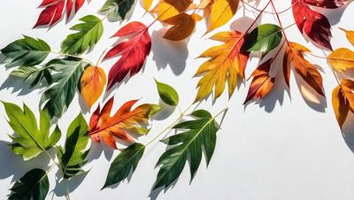 The primary subject of the image is a collection of autumn leaves, which are arranged in a visually appealing manner. The leaves are displayed on a white surface, creating a striking contrast between the vibrant colors of the leaves and the neutral background. The visual style of the image is a close-up of the leaves, showcasing their intricate details and textures. The colors and mood of the image are predominantly warm and inviting, as the autumn leaves evoke feelings of change and the transition from summer