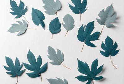 The primary subject of the image is a collection of blue leaves, which are arranged in various positions on a white background. The leaves are displayed in different orientations, creating a visually interesting and artistic composition. The visual style of the image is a combination of photo and digital art, as it captures the natural beauty of the leaves while also showcasing the artist's creativity in arranging them. The colors and mood of the image are predominantly blue, which adds a sense of calmness and tranquility to