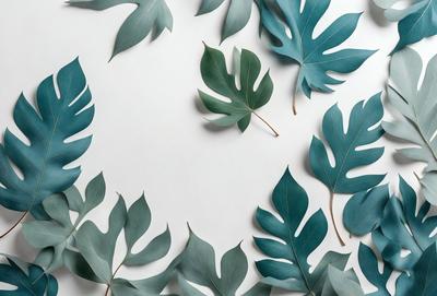 The primary subject of the image is a collection of green leaves, which are arranged in various shapes and sizes. The leaves are displayed on a white background, creating a visually appealing contrast. The visual style of the image is a close-up of the leaves, showcasing their intricate details. The dominant colors in the image are green, which is the color of the leaves, and white, which serves as the background. The overall atmosphere of the image is serene and natural, as it captures the beauty of the leaves in