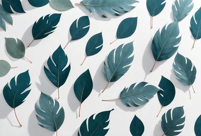 The primary subject of the image is a collection of green leaves, which are arranged in various shapes and sizes. The leaves are displayed on a white background, creating a visually appealing contrast. The visual style of the image is a combination of photo and digital art, as it captures the natural beauty of the leaves while also showcasing their arrangement. The dominant colors in the image are green and white, giving the scene a fresh and clean appearance.