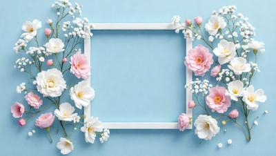 The primary subject of the image is a white frame with flowers, creating a beautiful and elegant scene. The setting is a blue background, which adds a touch of sophistication to the overall visual style. The flowers are the main focus of the image, and they are depicted in a realistic manner, giving the viewer a sense of depth and detail. The colors and mood of the image are predominantly white and blue, which evoke feelings of calmness and serenity.