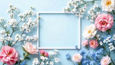 The primary subject of the image is a white frame with a blue background, which is adorned with a variety of flowers. The setting is a garden, with the flowers surrounding the frame. The visual style is a combination of a photo and digital art, creating a vibrant and lively atmosphere. The colors and mood are predominantly blue and pink, with the flowers adding a touch of natural beauty to the scene.