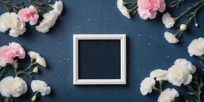 The primary subject of the image is a black and white picture frame. The setting is a blue wall with a star pattern, and the visual style is a photo. The colors and mood of the image are predominantly black and white, giving it a classic and timeless appearance.