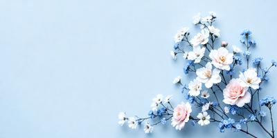 The primary subject of the image is a beautifully crafted floral arrangement, featuring a mix of white and blue flowers. The setting is a blue wall, which serves as a stunning backdrop for the arrangement. The visual style of the image is a combination of photo and digital art, creating a realistic yet artistic representation of the flowers. The colors and mood of the image are predominantly white and blue, giving it a serene and calming atmosphere.