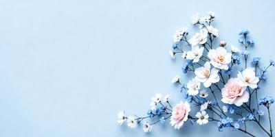 The primary subject of the image is a beautifully crafted floral arrangement, featuring a mix of white and blue flowers. The setting is a blue wall, which serves as a stunning backdrop for the arrangement. The visual style of the image is a combination of photo and digital art, creating a realistic yet artistic representation of the flowers. The colors and mood of the image are predominantly white and blue, giving it a serene and calming atmosphere.