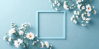 The primary subject of the image is a square frame with a blue background, featuring a white flower. The setting is a blue wall with a white flower in the foreground. The visual style is a close-up of the flower, creating a sense of depth and detail. The colors and mood of the image are predominantly blue and white, giving it a calm and serene atmosphere.