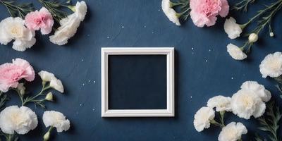 The primary subject of the image is a black and white picture frame. The setting is a blue wall with a star pattern, and the visual style is a photo. The colors and mood of the image are predominantly black and white, giving it a classic and timeless appearance.