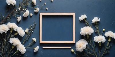 The primary subject of the image is a wooden frame with a blue background. The setting is a table with a blue surface, and the visual style is a photo. The colors and mood of the image are predominantly blue, creating a calm and serene atmosphere.