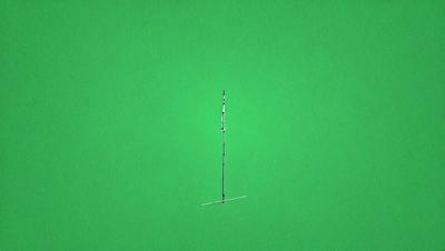 The primary subject of the image is a tall metal pole, which is the main object in the scene. The pole is standing on a green surface, which serves as the background. The visual style of the image is a combination of photo and digital art, creating a unique and interesting composition. The dominant colors in the image are green and white, giving the scene a calm and serene atmosphere.