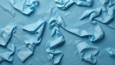 The primary subject of the image is a blue wall with a pattern of folded paper. The setting is a room with a blue background, and the visual style is a close-up of the paper pattern. The colors and mood of the image are predominantly blue, creating a calm and serene atmosphere.