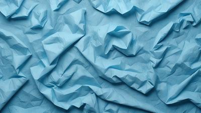 The primary subject of the image is a blue paper, which is folded and creased in various patterns. The paper appears to be a blue fabric, and it is the main focus of the image. The setting is a blue wall, which serves as the backdrop for the paper. The visual style of the image is a close-up of the paper, showcasing its intricate folds and creases. The colors and mood of the image are predominantly blue, giving it a calm and serene atmosphere.